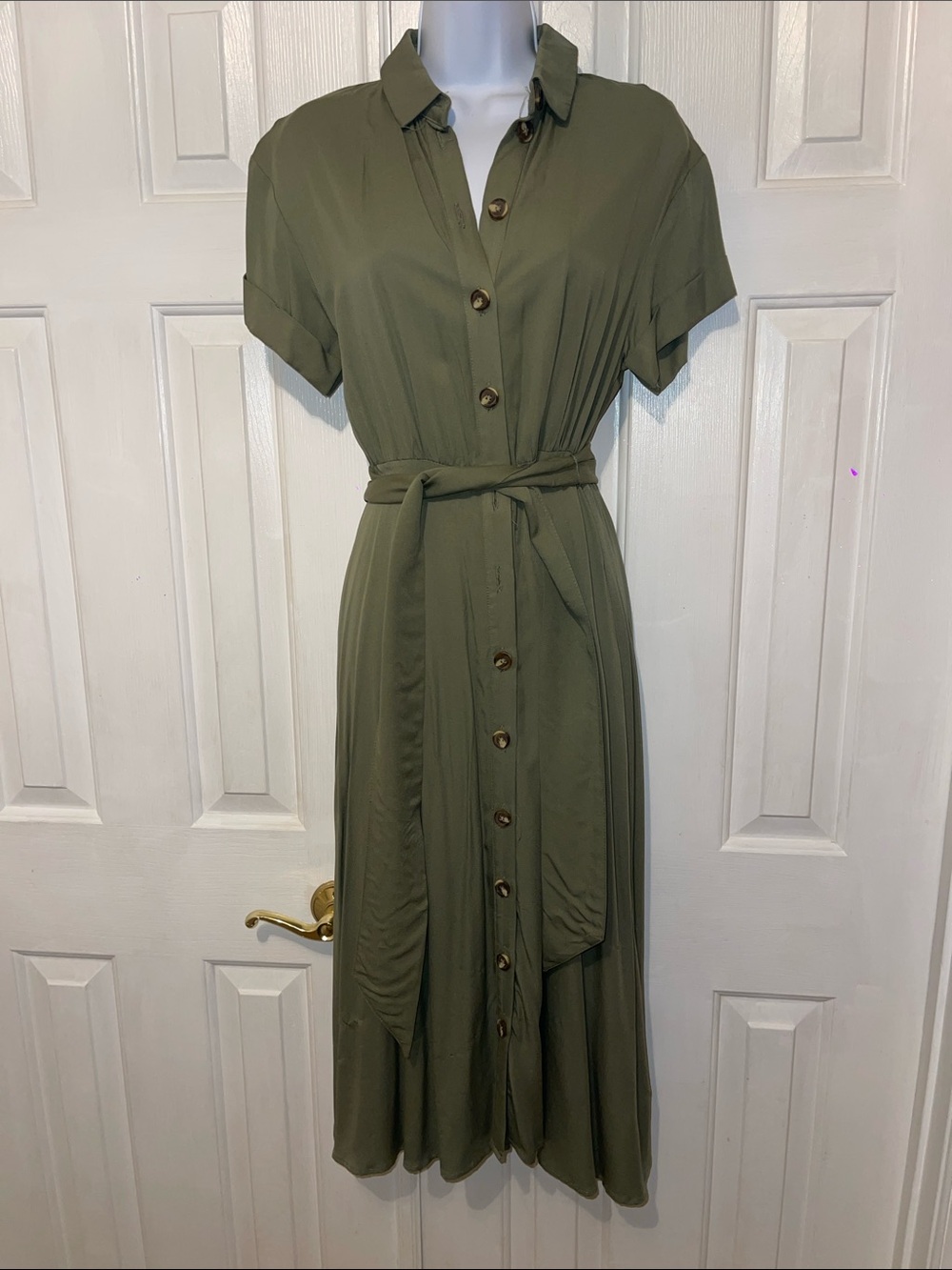 H&M Olive Green Button-Front Midi Shirt Dress
